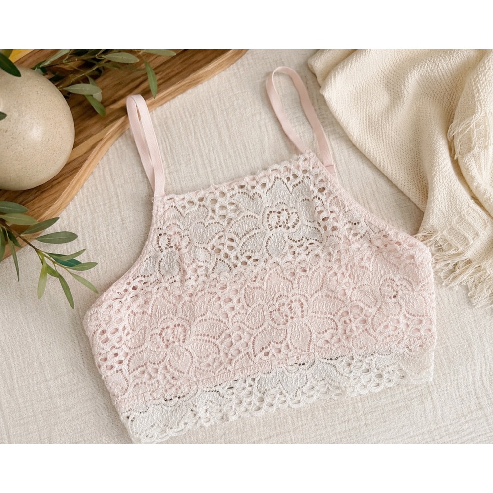 Aerie Light Pink Floral Lace High Neck Bralette XS Adjustable Straps Boho